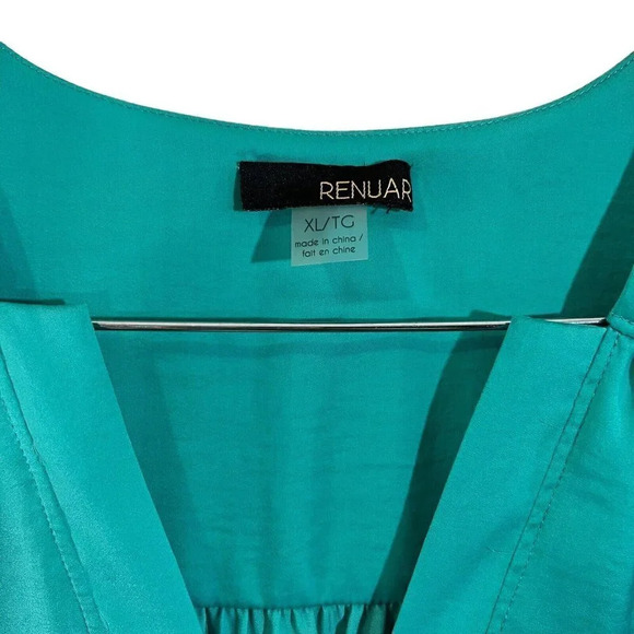 Renuar Aqua Blue Tunic Blouse Size XL Silky 3/4 Sleeves Pleated Lightweight Top - Picture 6 of 9
